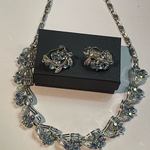 Lisner Rhinestone Blue AB Silver Toned Necklace & Earrings Vintage